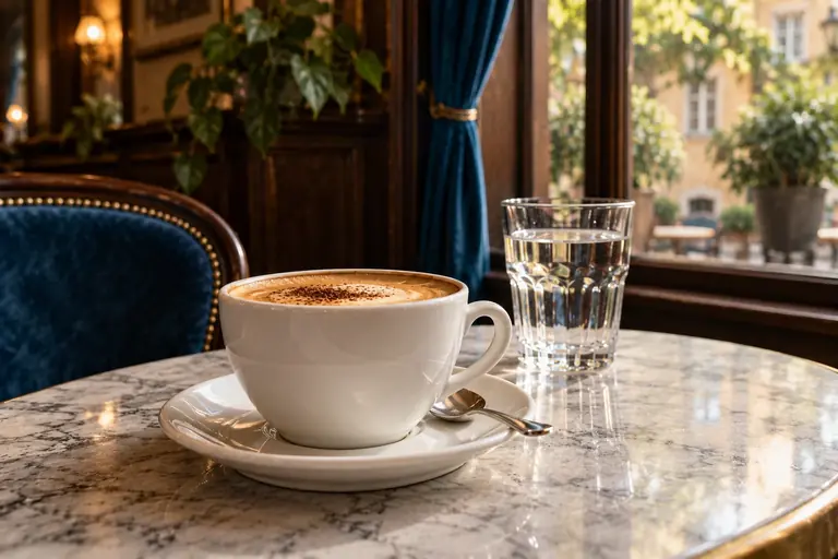 KI-generierte Designstudie: Kaffee und Wasserglas auf einem Marmortisch in einem Grazer Hofcafé mit blauen Polstern